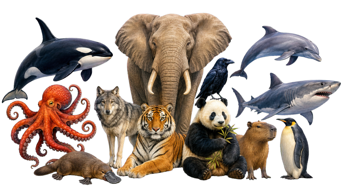 An illustrated gathering of twelve amazing animals, including an elephant, octopus, orca, tiger and panda