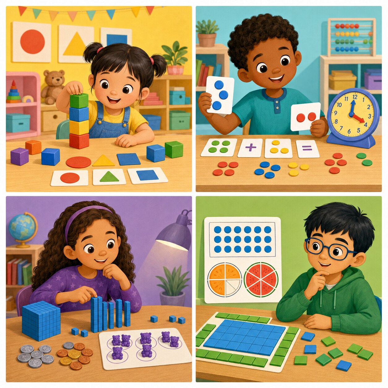 Four colorful math learning scenes for kindergarten through third grade